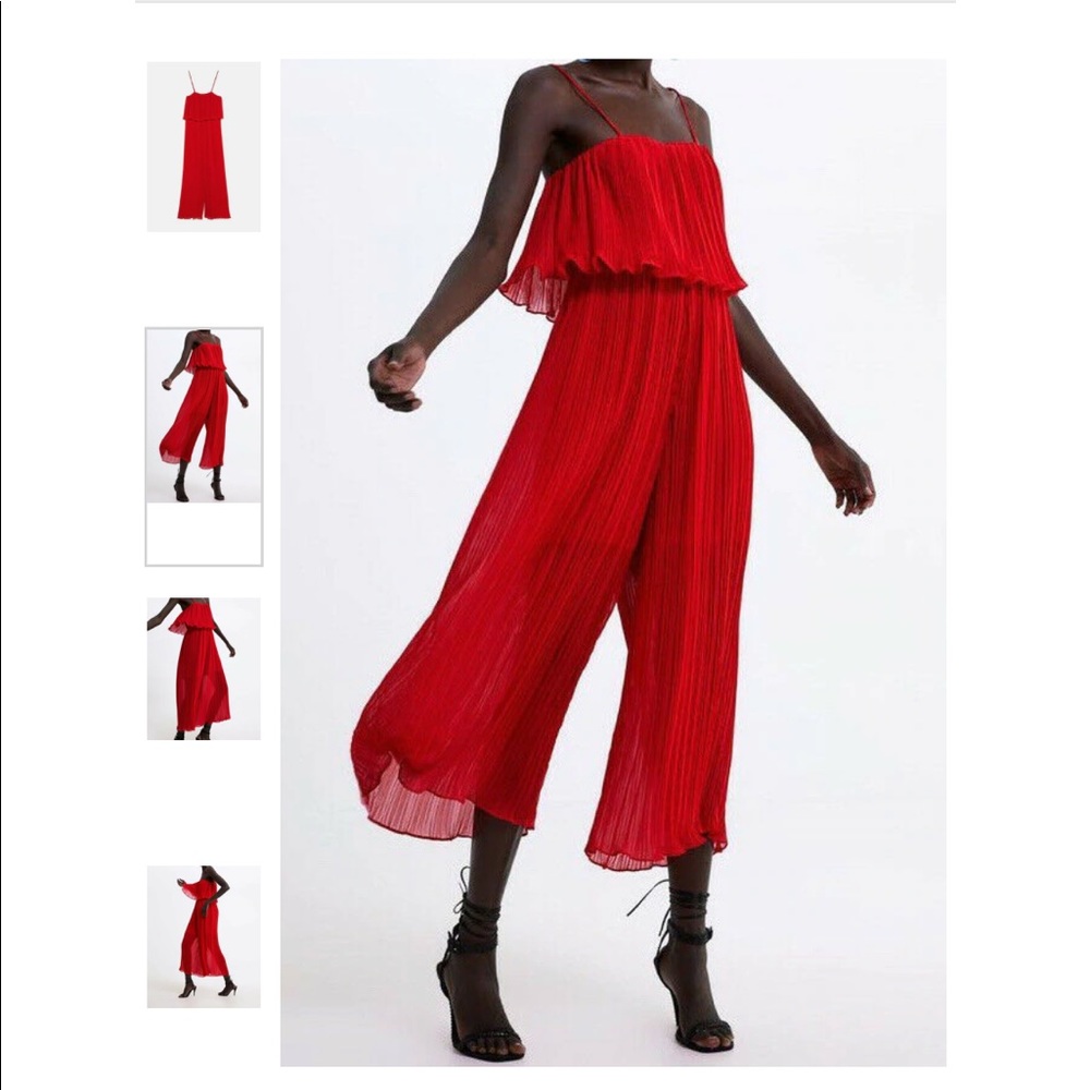 Zara Women Small Red Pleated Jumpsuit Off Shoulder Sleeveless Crepe Romper Pants